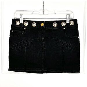 BALMAIN VINTAGE Y2K Low Rise Grommet Cutout Waist Black Denim Jean Mini Skirt 10